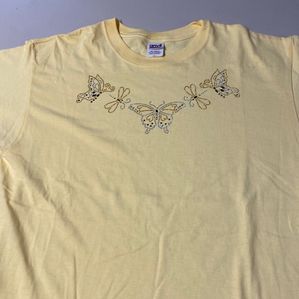 Womens tee shirt yellow with gold and silver beaded butterflies